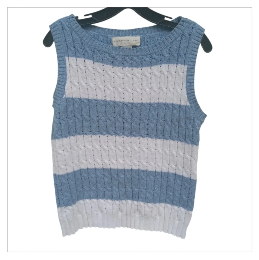 Evan-Picone Blue White Striped Knit Sleeveless Sweater Tennis Size Medium Cotton